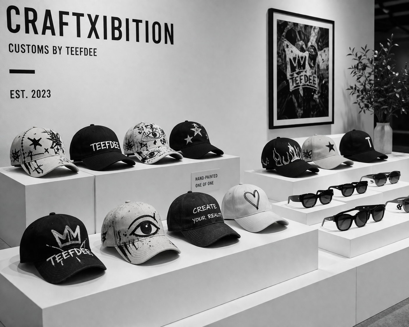 Baseball caps and sunglasses on display
