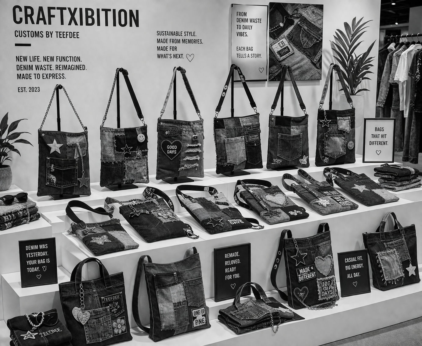 Denim casual side bags on display