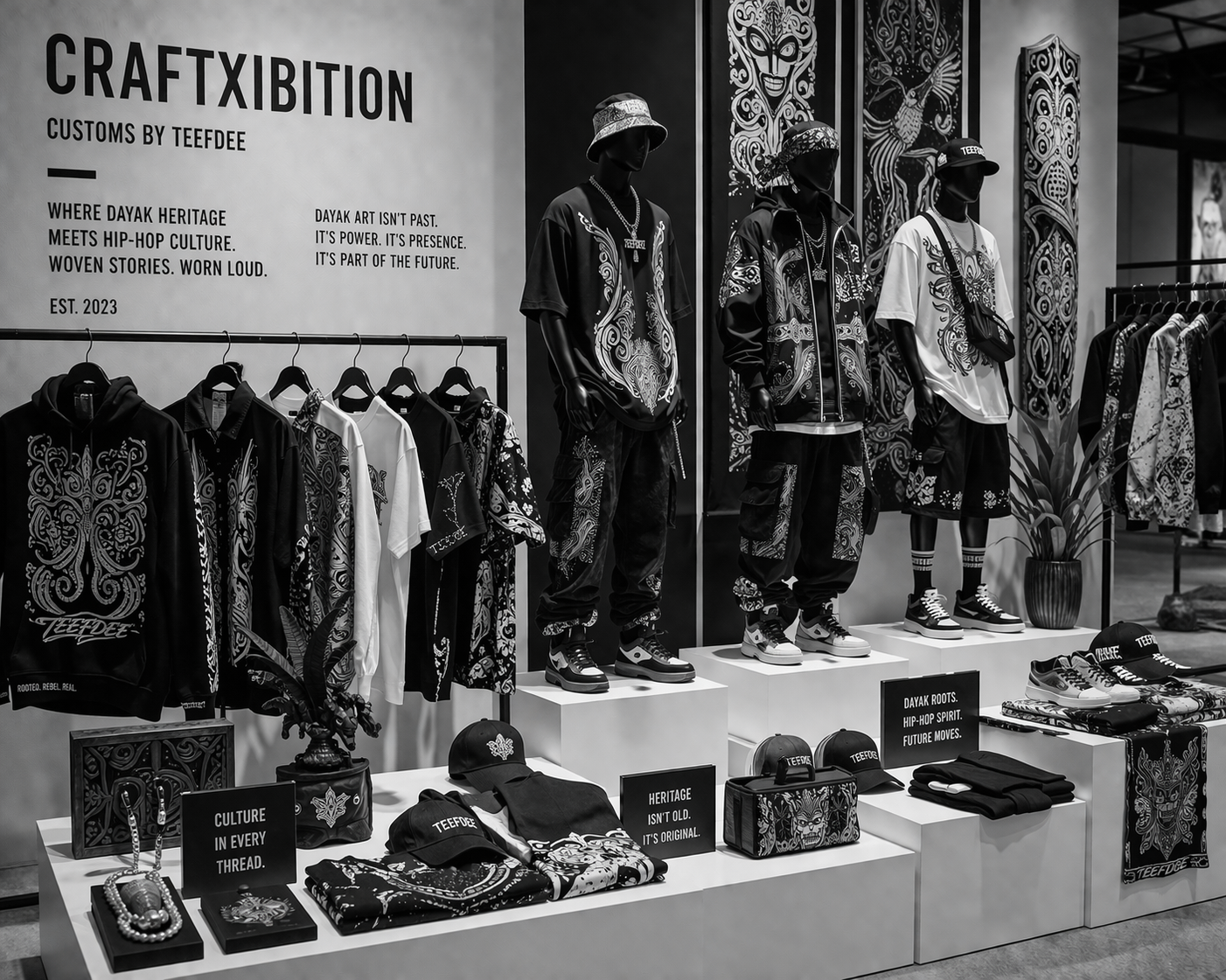 Hip-hop attire with Dayak arts on display and mannequins