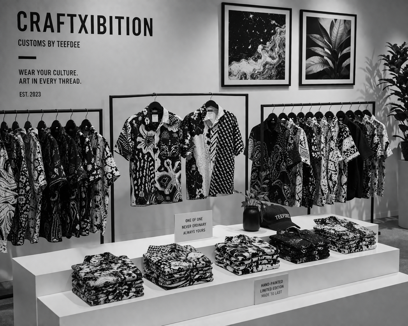 Batik shirts for men and women on display