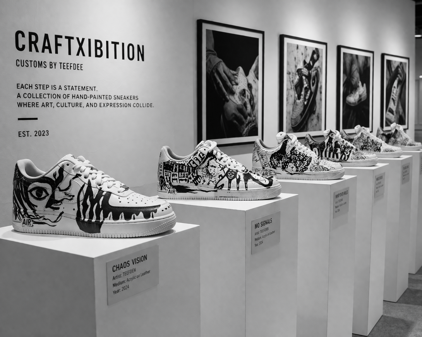 Painted sneakers on display
