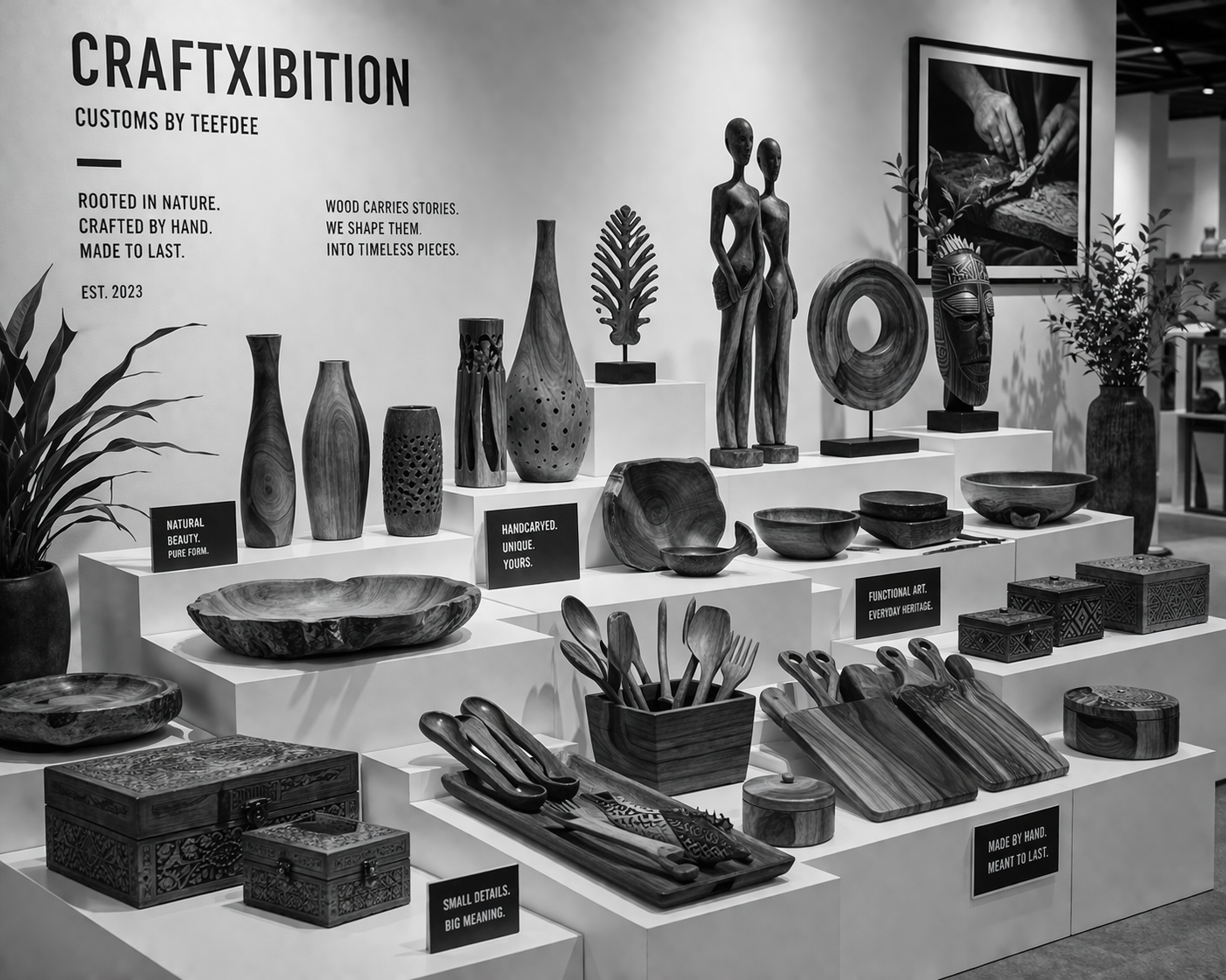 Various wooden crafts on display